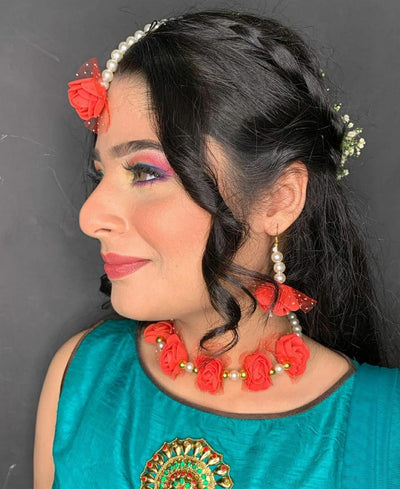 Lamansh Flower 🌺 Jewellery 1 Necklace, 2  Earrings & 1 Maangtika set / Red LAMANSH® Handmade Flower Jewellery Set For Women & Girls / Haldi Set