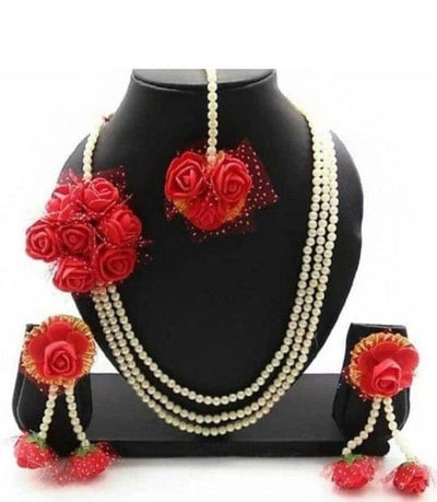 Lamansh Flower Jewellery 1 Necklace, 2 Earrings & 1 Maangtika set / Red LAMANSH® RedFloral 🌺 Jewellery Set for Haldi / Artificial Flower set