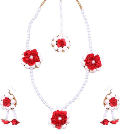 Lamansh Flower 🌺 Jewellery 1 Necklace, 2 Earrings ,1 Maangtika set / Red - White LAMANSH® Handmade Flower Jewellery Set For Women & Girls / Haldi Set