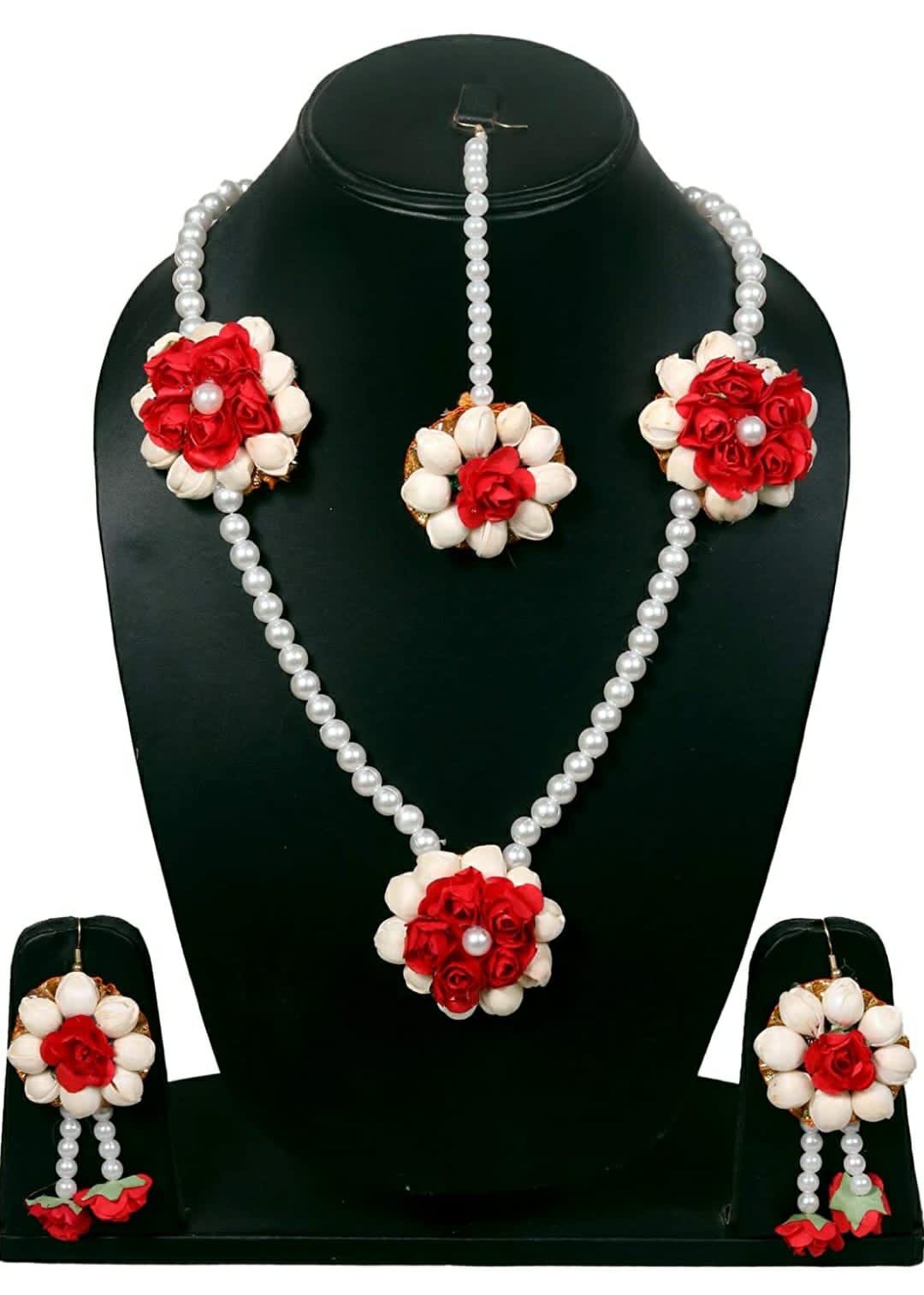 Lamansh Flower 🌺 Jewellery 1 Necklace, 2 Earrings ,1 Maangtika set / Red - White LAMANSH® Handmade Flower Jewellery Set For Women & Girls / Haldi Set