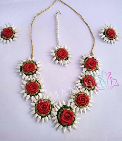 Lamansh Flower 🌺 Jewellery 1 Necklace, 2 Earrings & 1 Maangtika set / Red - White LAMANSH® Mogra Handmade Flower Jewellery Set For Women & Girls / Haldi Set