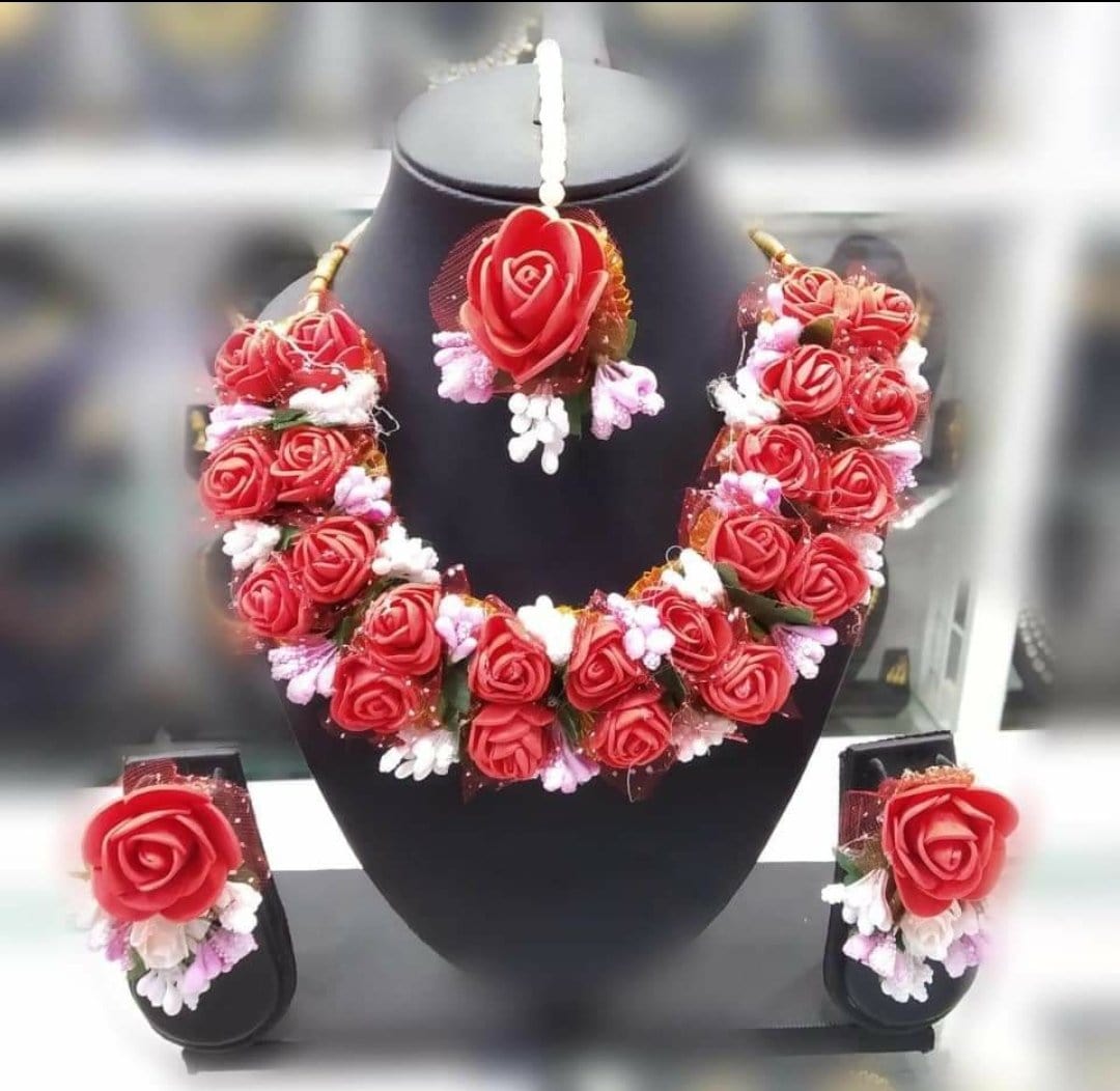 Lamansh Flower 🌺 Jewellery 1 Necklace, 2 Earrings ,1 Maangtika  set / Red - White - Pink LAMANSH® Handmade Flower Jewellery Set For Women & Girls / Haldi Set