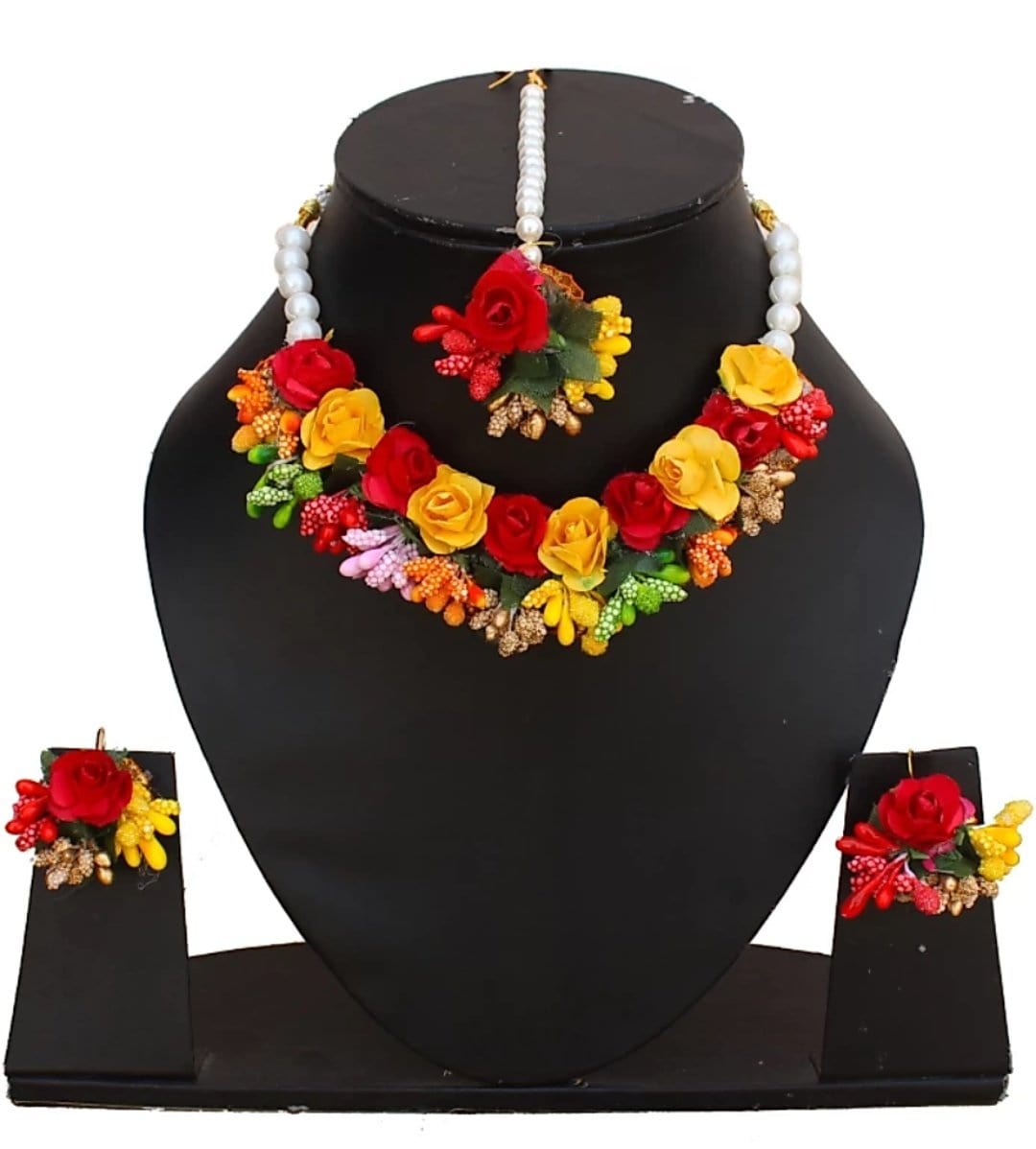 Lamansh Flower 🌺 Jewellery 1 Necklace, 2 Earrings ,1 Maangtika set / Red-Yellow LAMANSH® Handmade Flower Jewellery Set For Women & Girls / Haldi Set