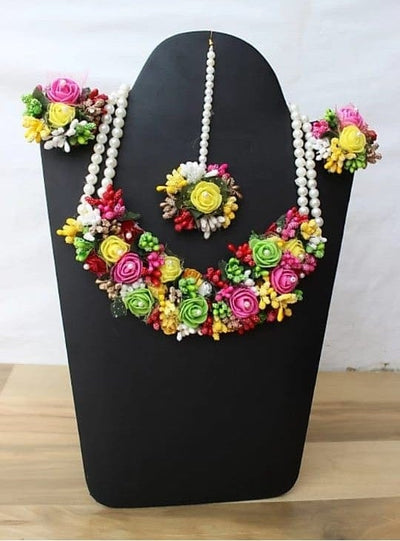 Lamansh Flower Jewellery 1 Necklace, 2 Earrings & 1 Maangtika set / Yellow - Green - Pink LAMANSH® Special Floral 🌺 Jewellery Set