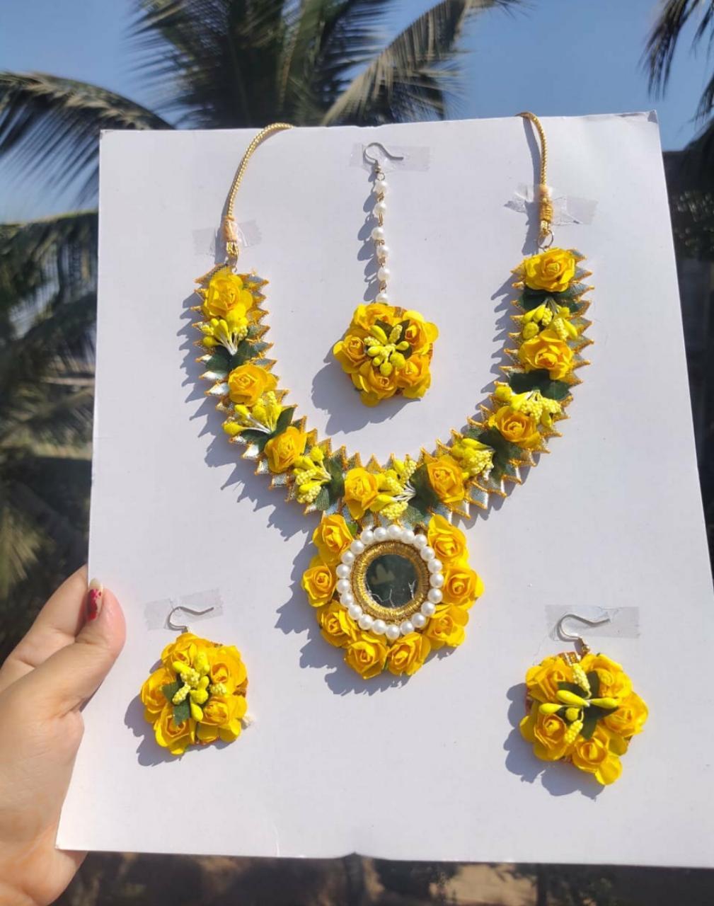 Yellow Flower Jewellery set with Maangtika set 