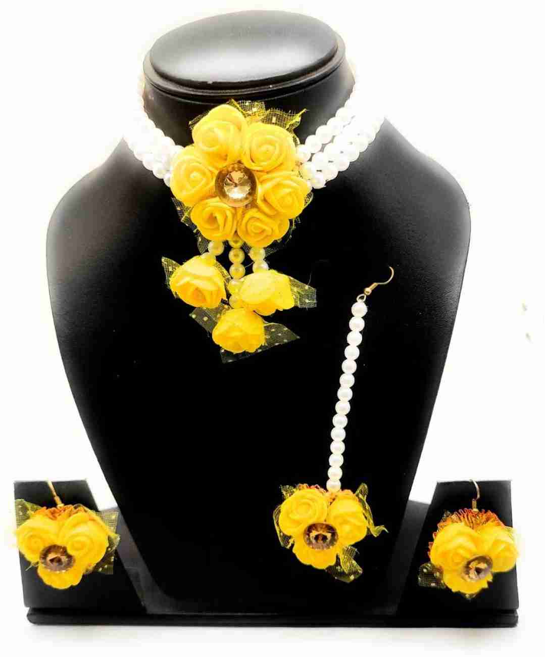 Lamansh Flower 🌺 Jewellery 1 Necklace, 2 Earrings & 1 Maangtika set / Yellow LAMANSH® Handmade Flower Jewellery Set For Women & Girls / Haldi Set