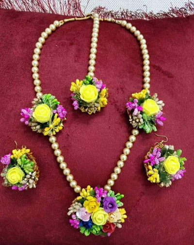 Lamansh Flower Jewellery 1 Necklace, 2 Earrings & 1 Maangtika Set / Yellow-Pink-Golden LAMANSH® Bridal Floral 🌺 Jewellery Set for Haldi Ceremony / Special Mehendi set