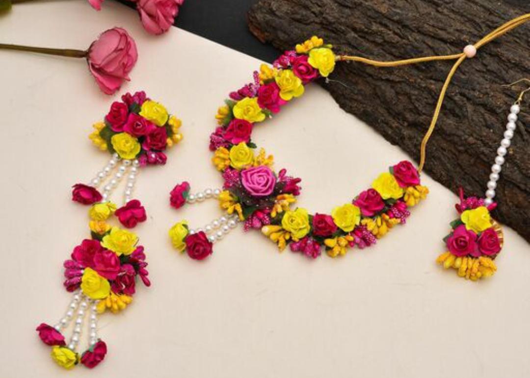 Lamansh Flower 🌺 Jewellery 1 Necklace, 2  Earrings & 1 Maangtika set / Yellow-Pink LAMANSH® Handmade Flower Jewellery Set For Women & Girls / Haldi Set