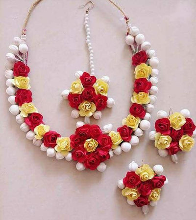 Lamansh Flower Jewellery 1 Necklace, 2 Earrings & 1 Maangtika Set / Yellow-Red LAMANSH® Bridal Floral 🌺 Jewellery Set for Haldi Ceremony / Special Mehendi set