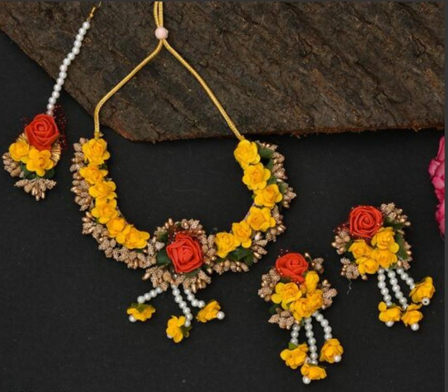 Yellow Flower Jewellery Set for haldi mehndi