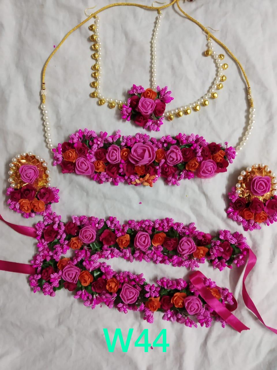 Lamansh Flower 🌺 Jewellery 1 Necklace, 2 Earrings ,1 Maangtika With Side Chain & 2 Anklets set / Pink LAMANSH® Handmade Flower Jewellery Set For Women & Girls / Haldi Set