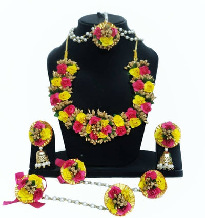 Lamansh Flower🌺🌻🌹🌷 jewellery 1 Necklace,2 Earrings, 1 Maangtika with side chain ,2 bracelet attached with ring / Pink - yellow LAMANSH® Handmade Flower Jewellery Set For Women & Girls / Multi Layered Necklace Haldi Set