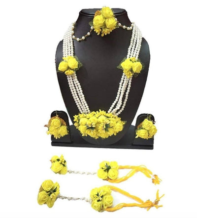 Lamansh Flower🌺🌻🌹🌷 jewellery 1 Necklace,2 Earrings, 1 Maangtika with side chain ,2 bracelet attached with ring / yellow LAMANSH® Handmade Flower Jewellery Set For Women & Girls / Multi Layered Necklace Haldi Set