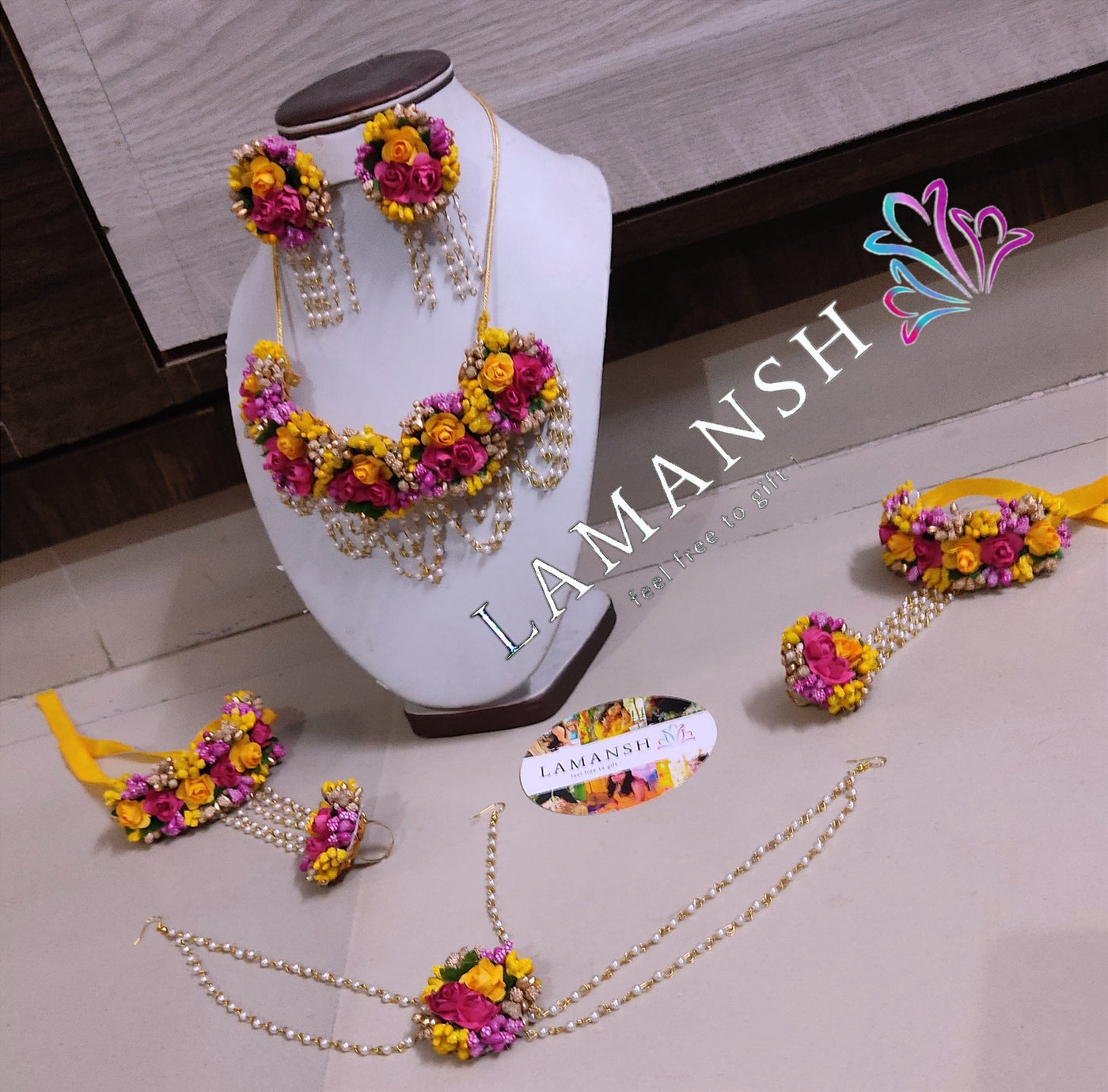 Lamansh Flower 🌺 Jewellery 1 Necklace, 2 Earrings ,1 Maangtika with side chain & 2 Bracelets Attached with Ring set / Pink-Yellow-Golden LAMANSH® Bridal 💛 Yellow-Pink-Golden Artificial Flower Jewellery set for Haldi ceremony