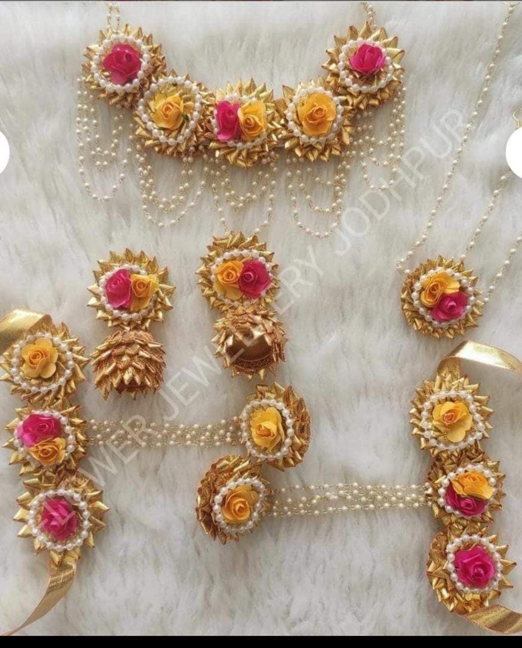 Lamansh Flower 🌺 Jewellery 1 Necklace, 2 Earrings ,1 Maangtika with side chain  & 2 Bracelets Attached with Ring set / Pink-Yellow LAMANSH® Handmade Flower Jewellery Set For Women & Girls / gota patti set