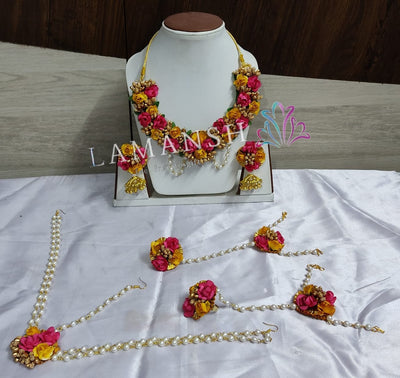 Lamansh Flower 🌺 Jewellery 1 Necklace, 2 Earrings ,1 Maangtika with Side Chain & 2 Bracelets Attached with Ring set / Pink- yellow LAMANSH® Handmade Flower Jewellery Set For Women & Girls / Haldi Set