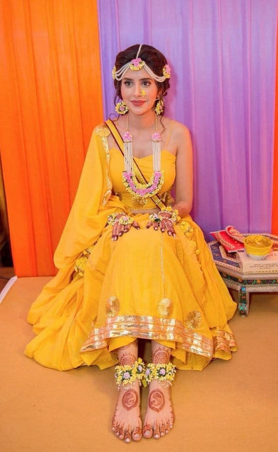 Lamansh Flower🌺🌻🌹🌷 jewellery 1 Necklace , 2 Earrings , 1 Maangtika with side chain, 2 Hathphools , 2 Anklets Payal & 1 Nath Nose ring / Pink Yellow Charu Asopa Sen