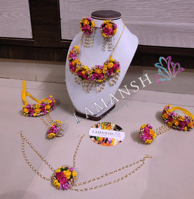 Lamansh Flower 🌺 Jewellery 1 Necklace , 2 Earrings , 1 Maangtika With Side Chain & 2 Hathphools / Pink-Yellow-Gold LAMANSH® Handmade Flower Jewellery Set For Women & Girls / Artificial Floral Jewelry set for Haldi ceremony