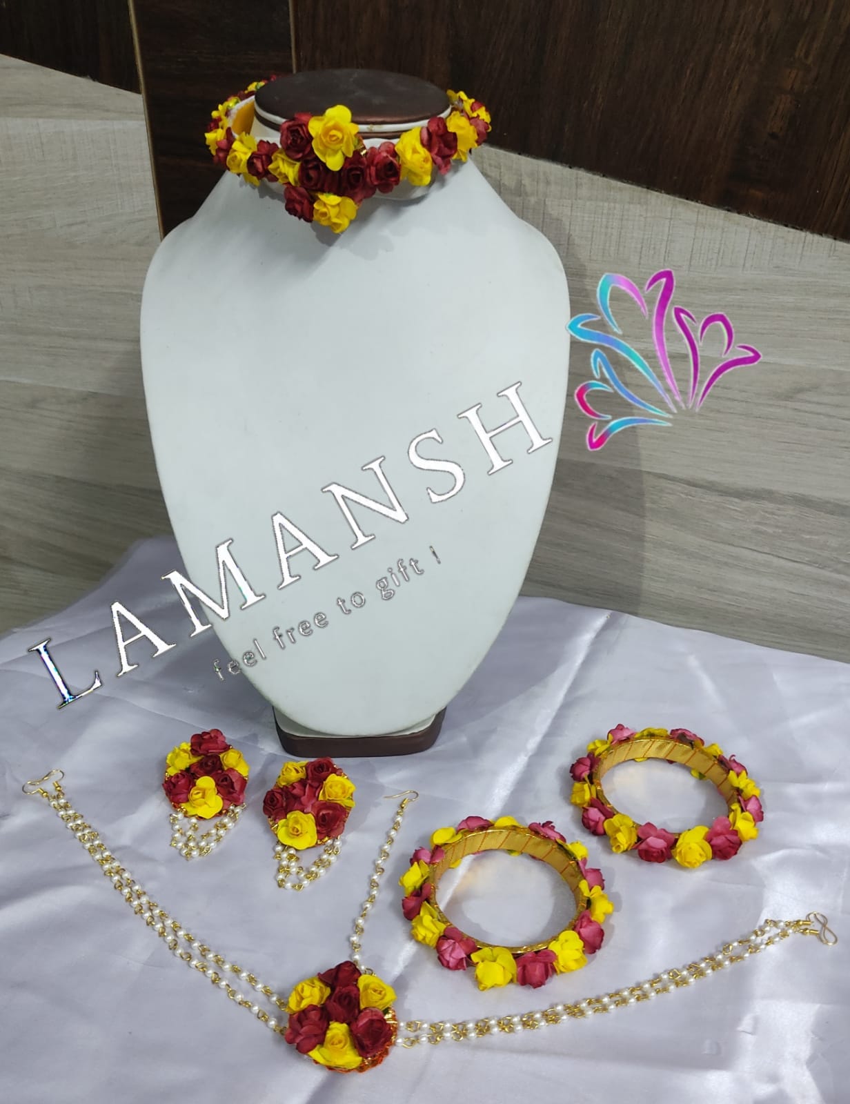 Lamansh Flower 🌺 Jewellery 1 Necklace, 2  Earrings  ,1 Maangtika With Side Chain & Bangles set / Yellow-Pink LAMANSH® Handmade Flower Jewellery Set For Women & Girls / Haldi Set