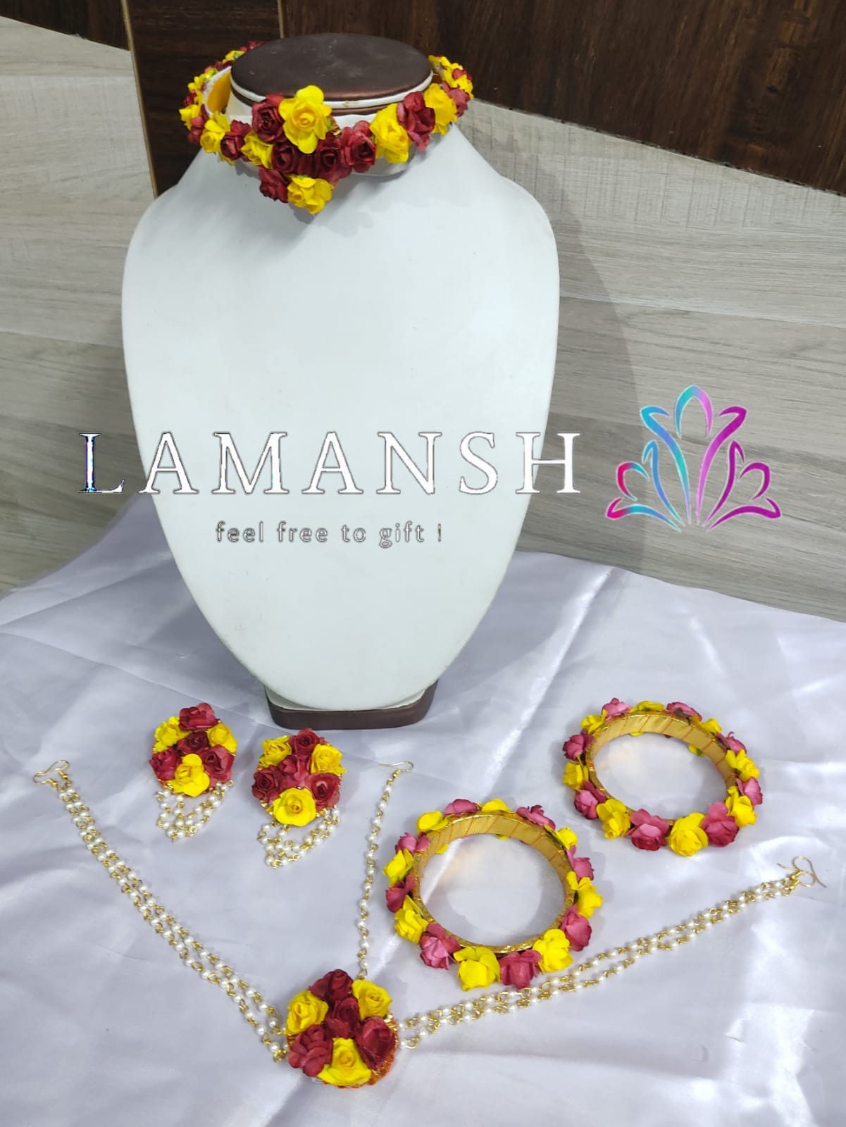 Lamansh Flower 🌺 Jewellery 1 Necklace, 2  Earrings  ,1 Maangtika With Side Chain & Bangles set / Yellow-Pink LAMANSH® Handmade Flower Jewellery Set For Women & Girls / Haldi Set