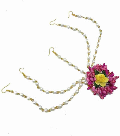 Lamansh Flower Jewellery 1 Necklace, 2 Earrings & 1 Maangtika with side chain Set / Yellow-Pink LAMANSH® Bridal Floral 🌺 Jewellery Set for Haldi Ceremony / Special Mehendi set