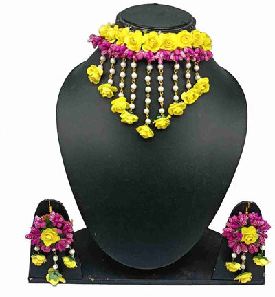 Lamansh Flower Jewellery 1 Necklace, 2 Earrings & 1 Maangtika with side chain Set / Yellow-Pink LAMANSH® Bridal Floral 🌺 Jewellery Set for Haldi Ceremony / Special Mehendi set