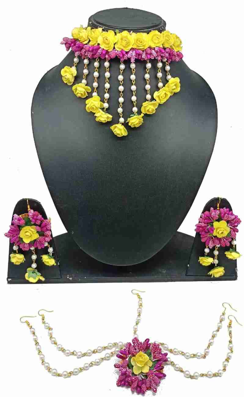 Lamansh Flower Jewellery 1 Necklace, 2 Earrings & 1 Maangtika with side chain Set / Yellow-Pink LAMANSH® Bridal Floral 🌺 Jewellery Set for Haldi Ceremony / Special Mehendi set