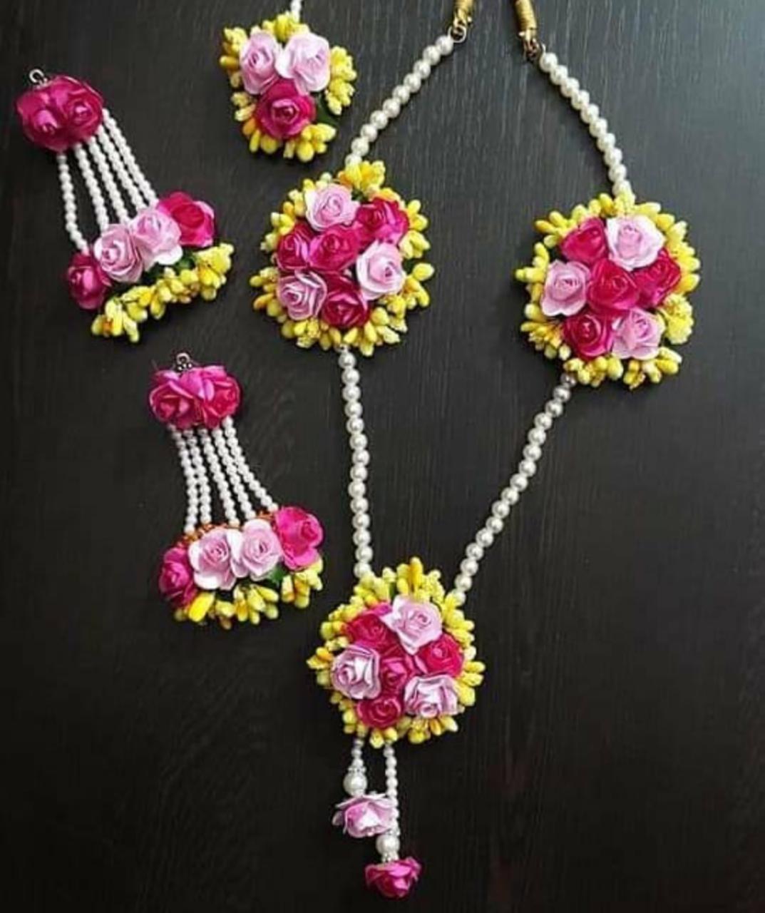Lamansh Flower Jewellery 1 Necklace, 2 Earrings, 1 Maangtika / Yellow-pink LAMANSH® Special Floral🌺 Jewellery Set