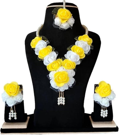 Lamansh Flower 🌺 Jewellery 1 Necklace, 2 Earrings ,1 Maangtika / Yellow -white LAMANSH® Handmade Flower Jewellery Set For Women & Girls / Haldi Set