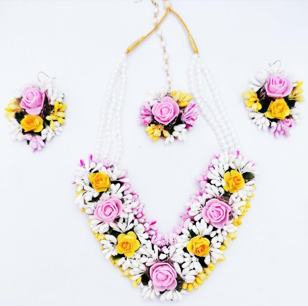 Lamansh Flower Jewellery 1 Necklace, 2 Earrings, 1 MaangtikaSet / Yellow-Pink-White LAMANSH® Bridal Floral 🌺 Jewellery Set for Haldi Ceremony / Special Mehendi set