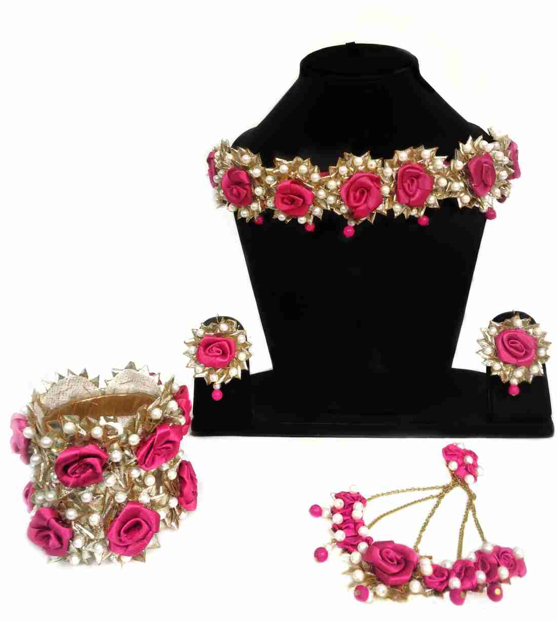 Lamansh Flower Jewellery 1 Necklace, 2 Earrings , 1 pacha & 2 Bangles set / Pink-Golden LAMANSH® Special Floral 🌺 Jewellery Set / Floral 🌺 set