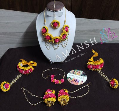 Lamansh Flower Jewellery 1 Necklace, 2 Earrings, 2 Bracelet attached to ring , 1 Maangtika & 1 Nath Nose ring / Yellow Pink LAMANSH® Floral 🌷 Jewellery Set for Haldi Mehendi rasam / Artificial jewellery set with nath nosering