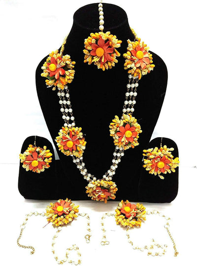 Lamansh Flower 🌸🌺💐 Jewellery 1 Necklace, 2 Earrings, 2 Bracelet attached to ring & 1 Maangtika / Yellow-Orange LAMANSH® Floral Layered Haldi 🌺 Jewellery Set