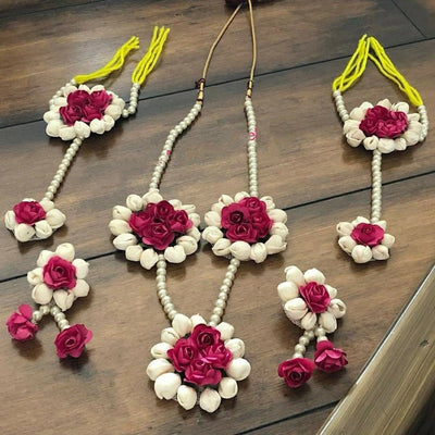 Lamansh Flower 🌺 Jewellery 1 Necklace, 2 Earrings , 2 Bracelet attached to ring set / Red-White LAMANSH® Handmade Flower Jewellery Set For Women & Girls / Haldi Set