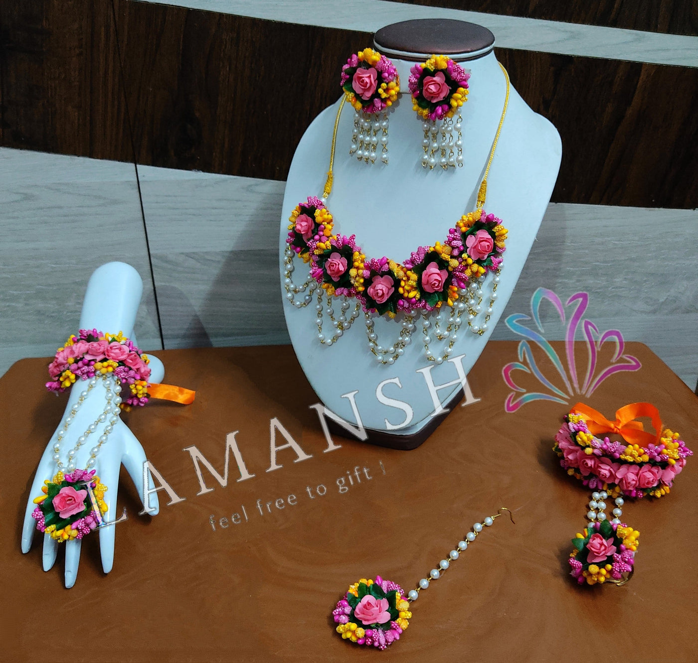Lamansh Flower Jewellery 1 Necklace, 2 Earrings, 2 Bracelets attached to ring & 1 Maangtika / Pink-Yellow-Peach LAMANSH® Special Floral 🌺 Jewellery Set