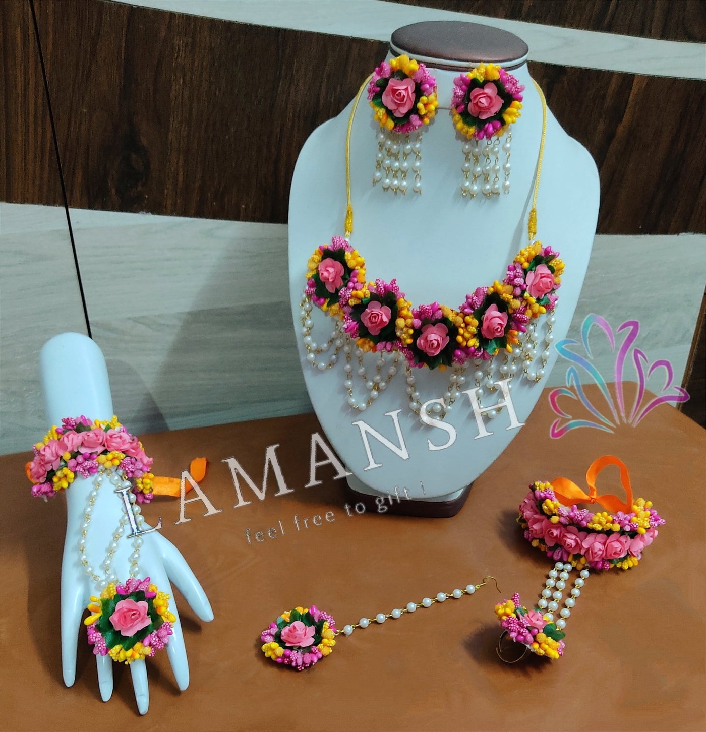 Lamansh Flower Jewellery 1 Necklace, 2 Earrings, 2 Bracelets attached to ring & 1 Maangtika / Pink-Yellow-Peach LAMANSH® Special Floral 🌺 Jewellery Set