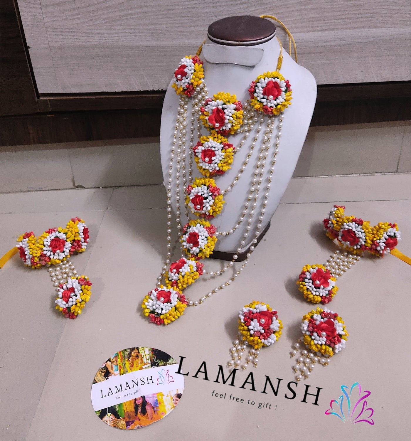 Lamansh Flower Jewellery 1 Necklace, 2 Earrings, 2 Bracelets attached to ring & 1 Maangtika / Red Yellow White LAMANSH® Bridal Floral Layered Haldi 🌺 Jewellery Set / Artificial Flower Jewellery for Mehendi