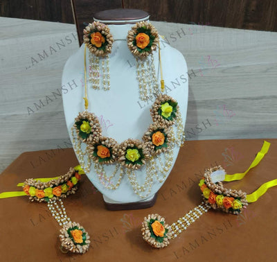 Lamansh Flower 🌺 Jewellery 1 Necklace, 2 Earrings & 2 Bracelets Attached with ring / Gold-Yellow-Orange LAMANSH® Flower 🌺 Jewellery Set