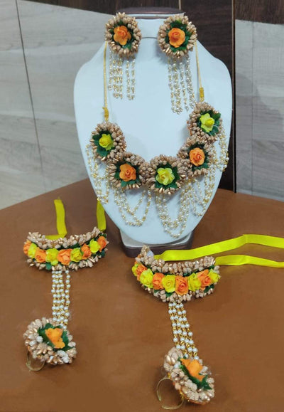 Lamansh Flower 🌺 Jewellery 1 Necklace, 2 Earrings & 2 Bracelets attached with ring set / Pink-Gold-Yellow LAMANSH® Handmade Flower Jewellery Set For Women & Girls / Haldi Set