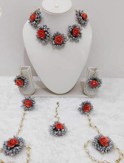 Lamansh Flower Jewellery 1 Necklace, 2 Earrings, Bracelet Attached With ring & 1 Maangtika Set / Grey-Red LAMANSH® Special Haldi Mehendi 🌺 Jewellery Set / Floral Jewellery set