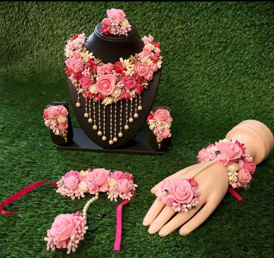 Lamansh Flower Jewellery 1 Necklace, 2 Earrings, Bracelet Attached With ring & 1 Maangtika Set / Pink-White LAMANSH® Special Haldi Mehendi 🌺 Jewellery Set / Floral Jewellery set