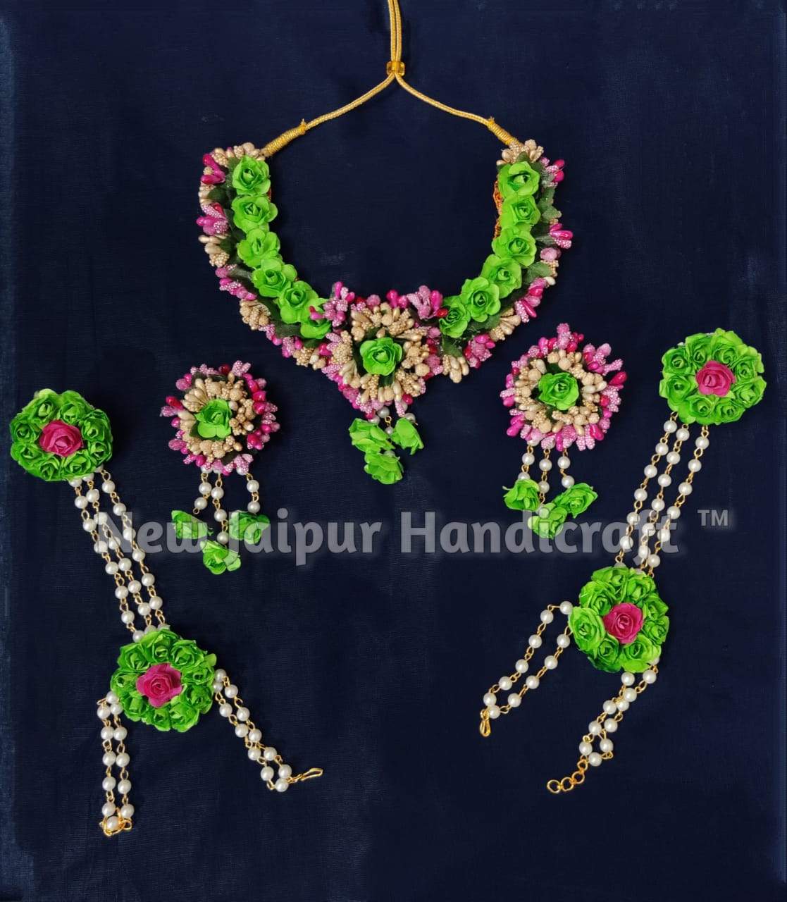 Lamansh Flower Jewellery 1 Necklace, 2 Earrings, Bracelet Attached With ring Set & 1 Maangtika / Green-Gold LAMANSH® Special Haldi Mehendi 🌺 Jewellery Set / Floral Jewellery set