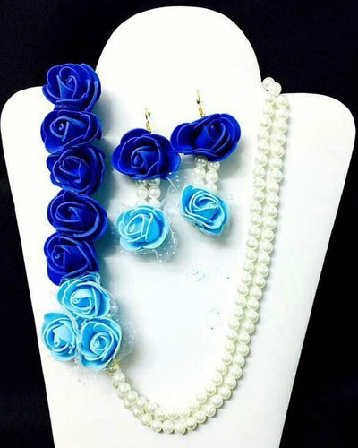 Lamansh Flower Jewellery 1 Necklace & 2 Earrings Set / Sky Blue- Royal Blue LAMANSH® Blue Floral 🌺 Jewellery Set for Haldi Ceremony / Special Mehendi set