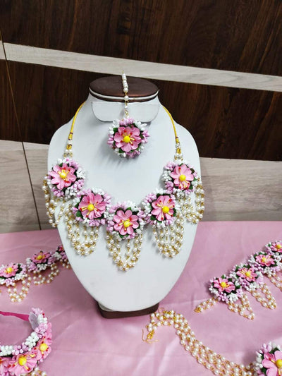 Lamansh Flower Jewellery 1 Necklace, 2 Earrings with extended clips , 1 Maangtika , 2 Bracelets attached to ring & 2 Anklets / Pink LAMANSH® Special Floral 🌺 Jewellery Set