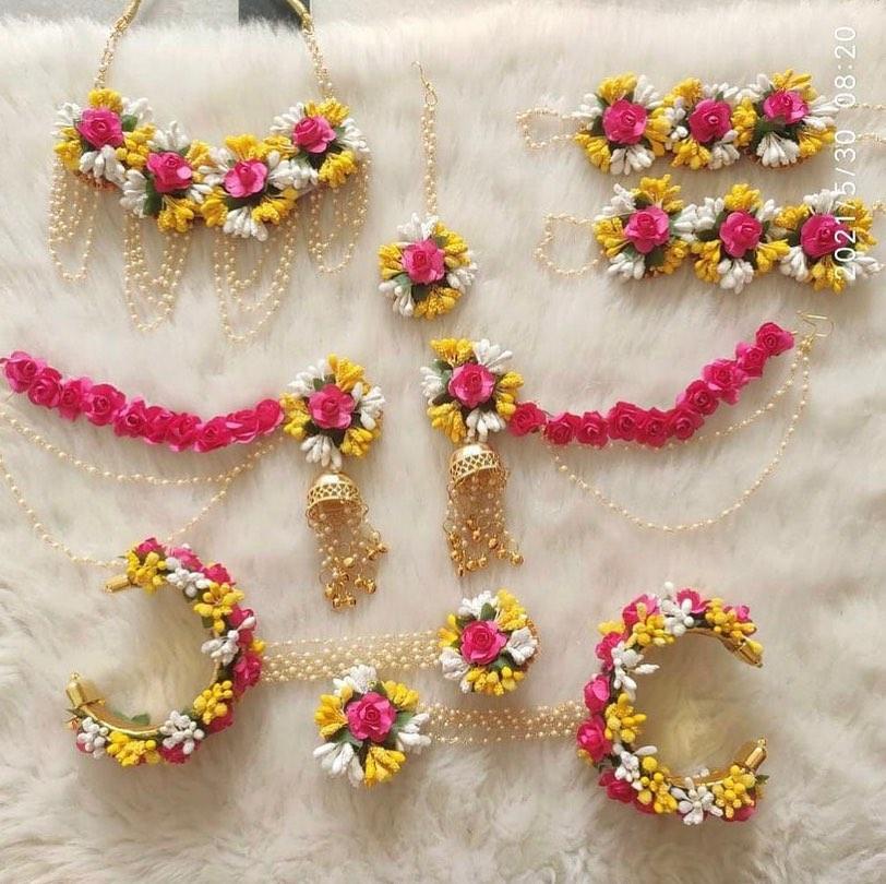 Flower Jewellery set with jhumki Earrings set / Bracelet Attached with Ring / 