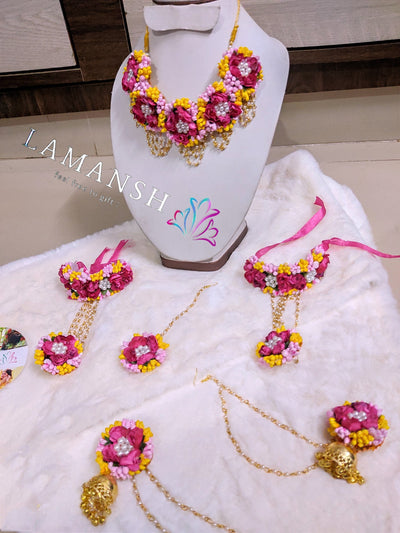 Lamansh Flower Jewellery 1 Necklace, 2 Earrings with side chain , 1 Maangtika, 2 Bracelets attached to ring / Baby pink - Yellow - Hot pink LAMANSH® Bridal Floral 🌺 Jewellery Set For Haldi Mehendi ceremony
