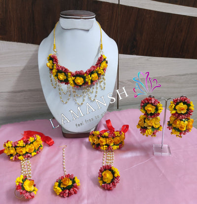 Lamansh Flower Jewellery 1 Necklace , 2 Jhumki Earrings , 1 Maangtika & 2 Bracelets attached to ring / Red-Yellow LAMANSH® Special Floral 🌺 Jewellery Set for Mehendi Rasam / Bridal Flower Jewellery Set