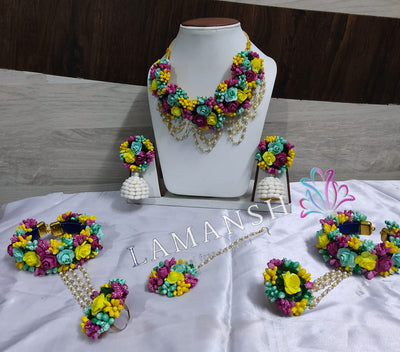 Lamansh Flower Jewellery 1 Necklace, 2 jhumki Earrings , 1 Maangtika & 2 Bracelets attached to ring set / Yellow - Sea Green - Purple LAMANSH® Special Floral 🌺 Jewellery Set / Floral 🌺 set