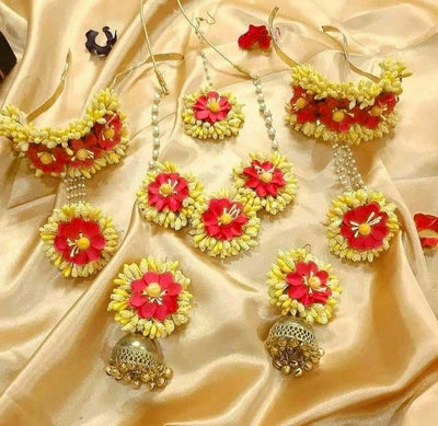 Lamansh Flower 🌺 Jewellery 1 Necklace, 2 Jhumki Earrings ,1 Maangtika & 2 Bracelets Attached with Ring set / Red-Yellow LAMANSH® Handmade Flower Jewellery Set For Women & Girls / Haldi Set