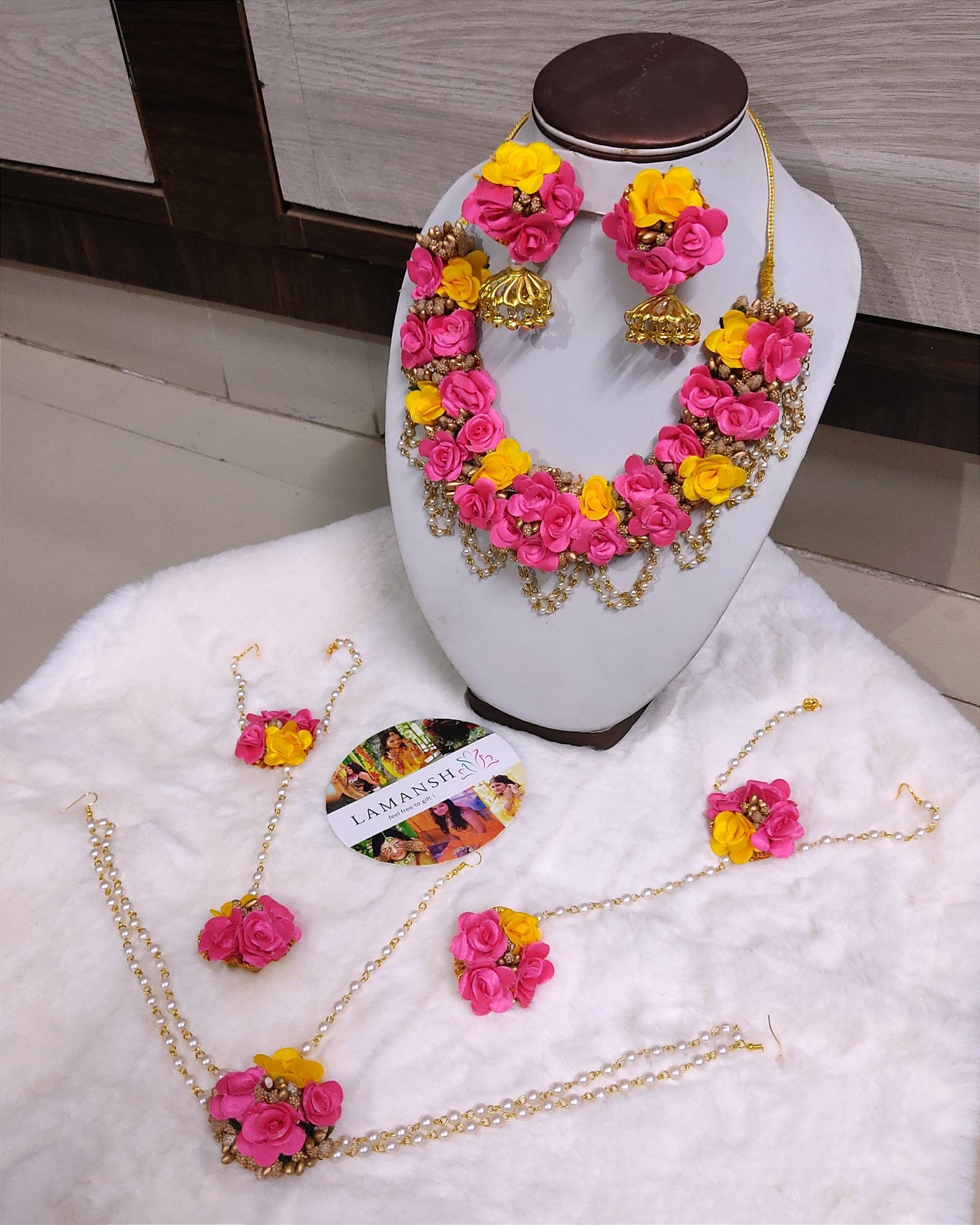 Lamansh Flower Jewellery 1 Necklace, 2 Jhumki Earrings , 1 Maangtika with side chain , 2 Bracelets attached to ring / Pink-Yellow LAMANSH® Bridal Artificial Floral 💗 Jewellery Set| Fabric Flower Jewelry set